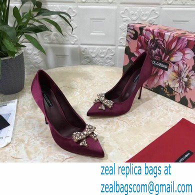 Dolce  &  Gabbana Heel 10.5cm Satin Pumps Burgundy with Crystal Bow 2021